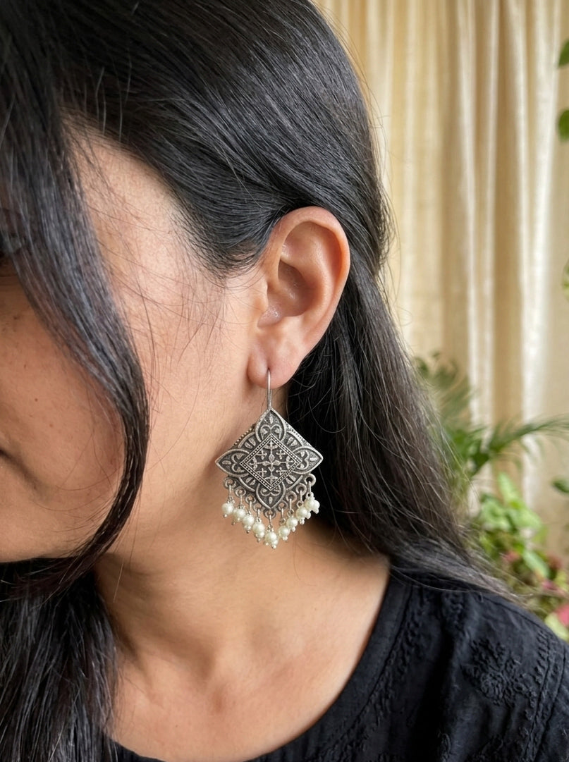 Aisha - Silver Oxidised Diamond Danglers