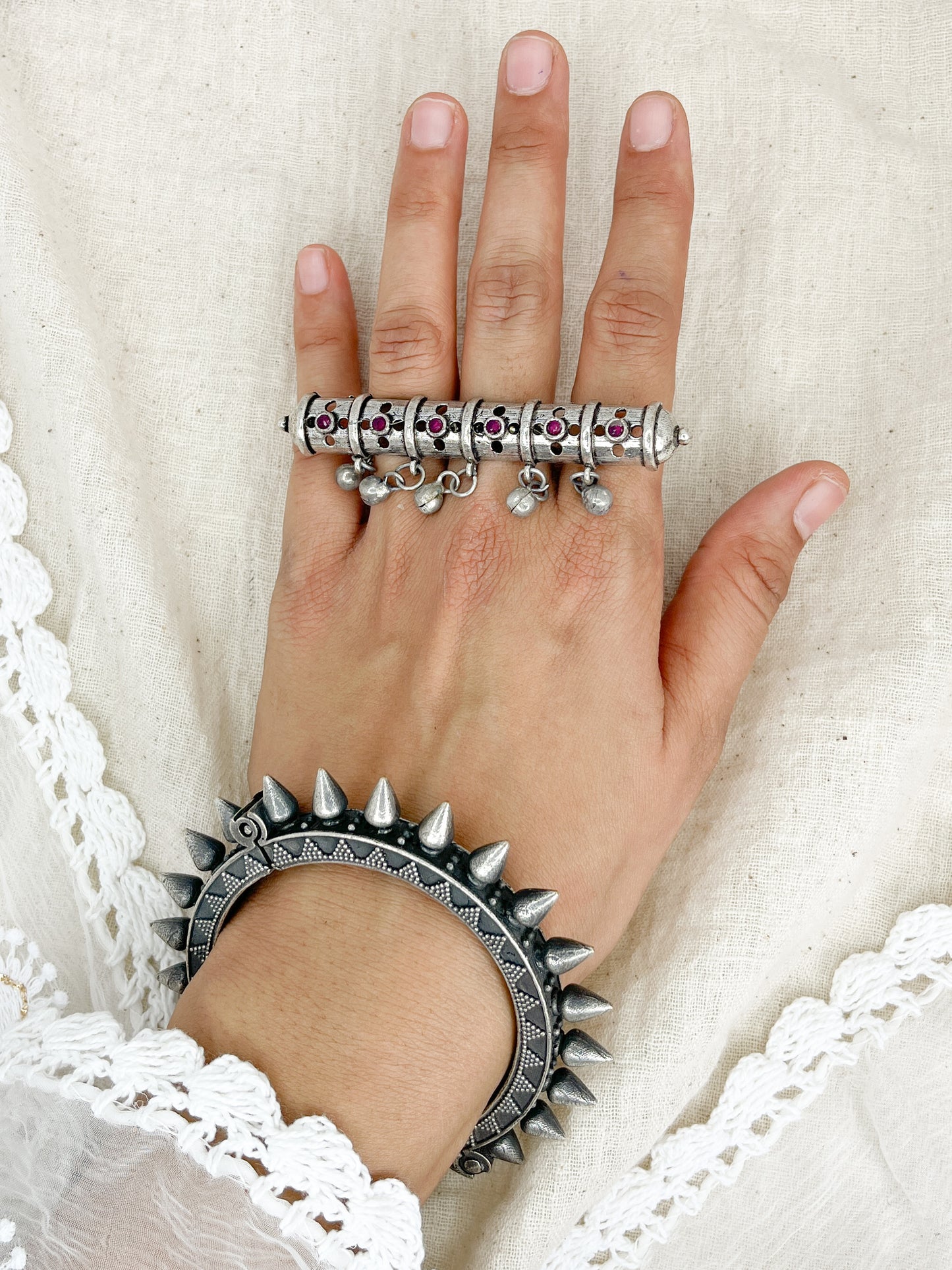 Kalindi Maroon Stone Silver Oxidised Ring