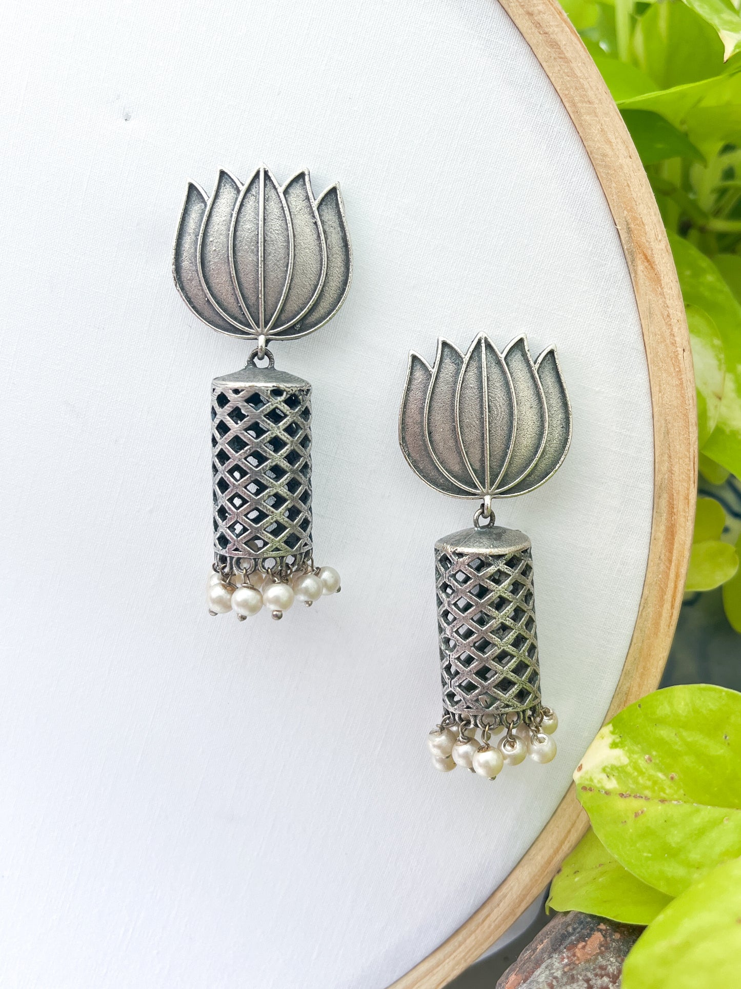 Kamal - Silver Oxidised lotus Cylinder Jhumkas