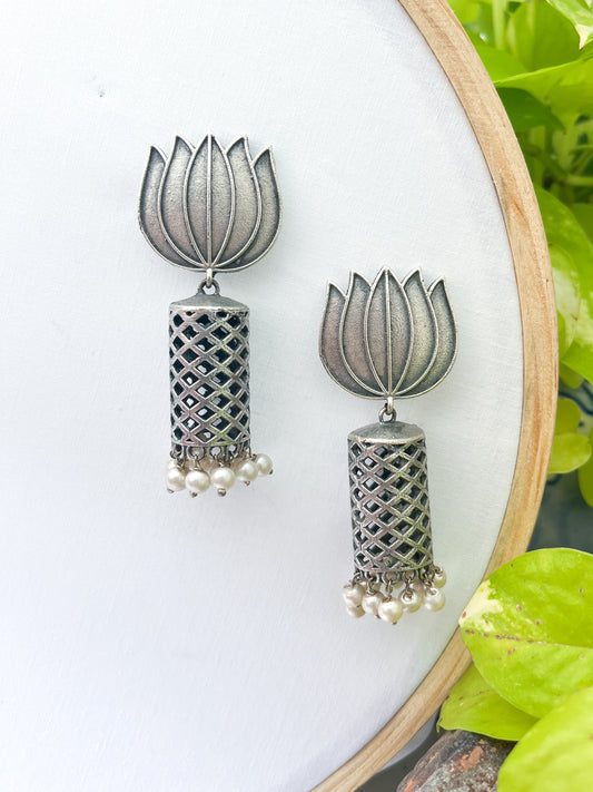 Kamal - Silver Oxidised lotus Cylinder Jhumkas