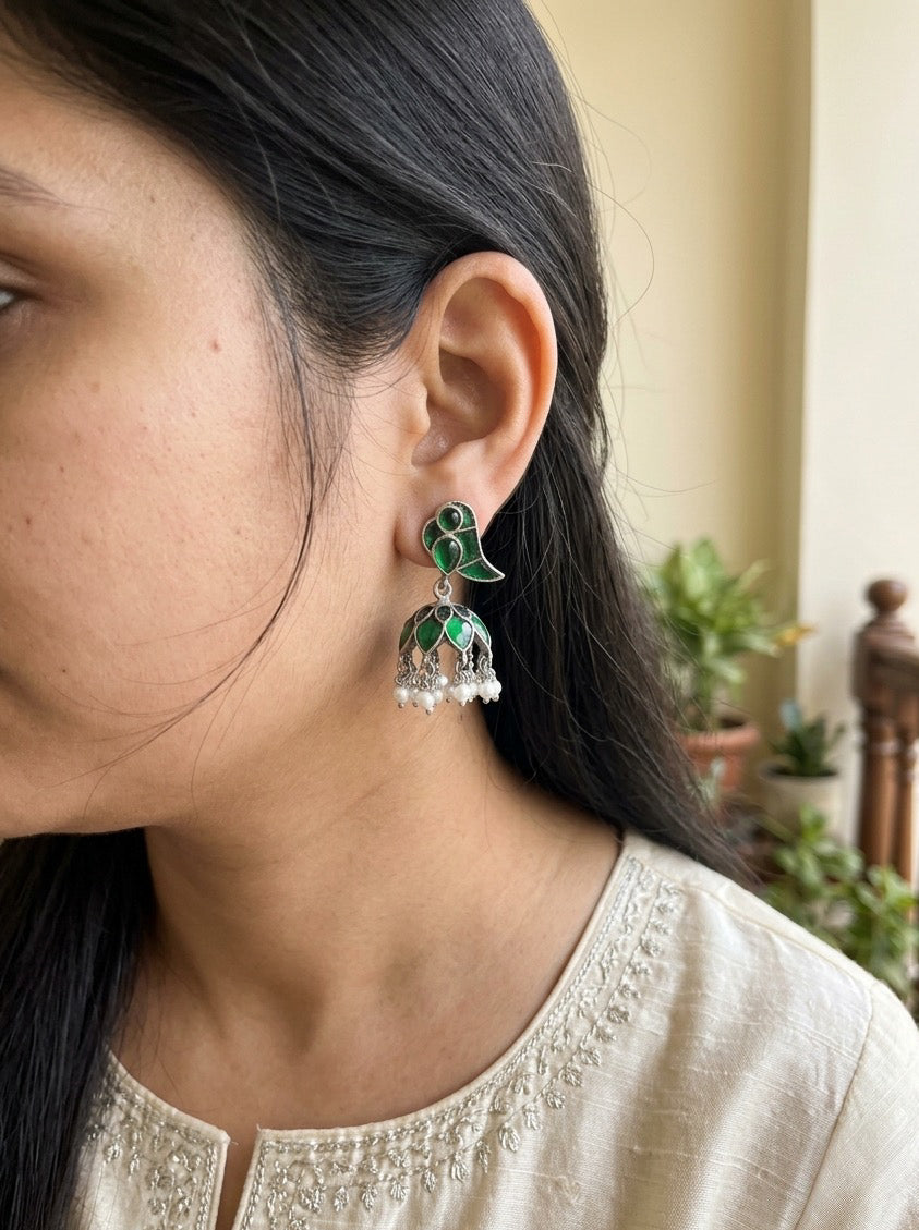 KAVYA - Green Stone Brass Bird Jhumka