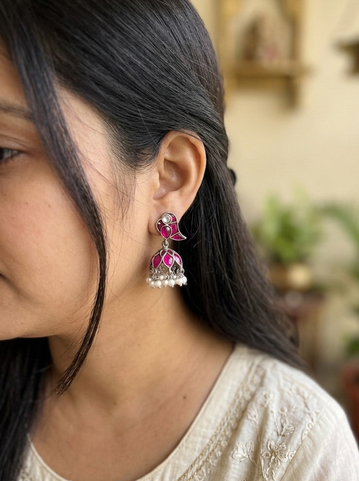 KAVYA - Pink Stone Brass Bird Jhumka