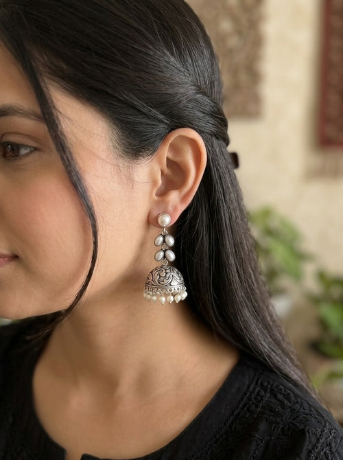 Kiara - Brass Jhumka With Moti - White