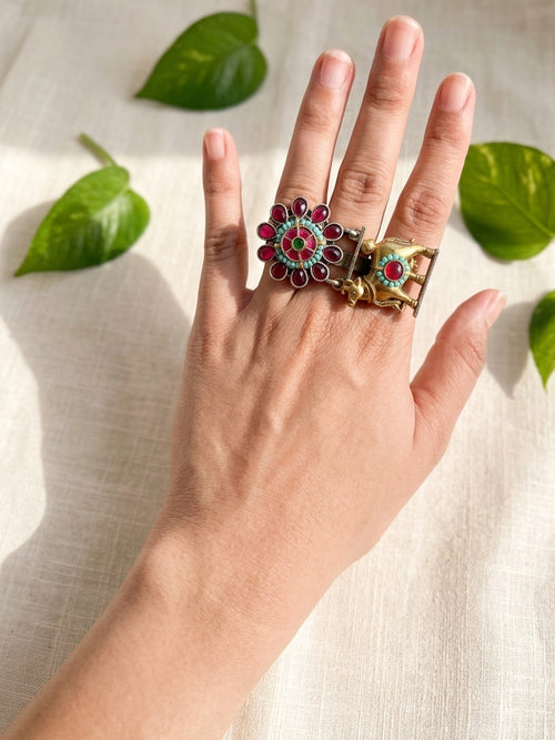 Krishna Pichwai - German Silver Dual Tone Ring Pink