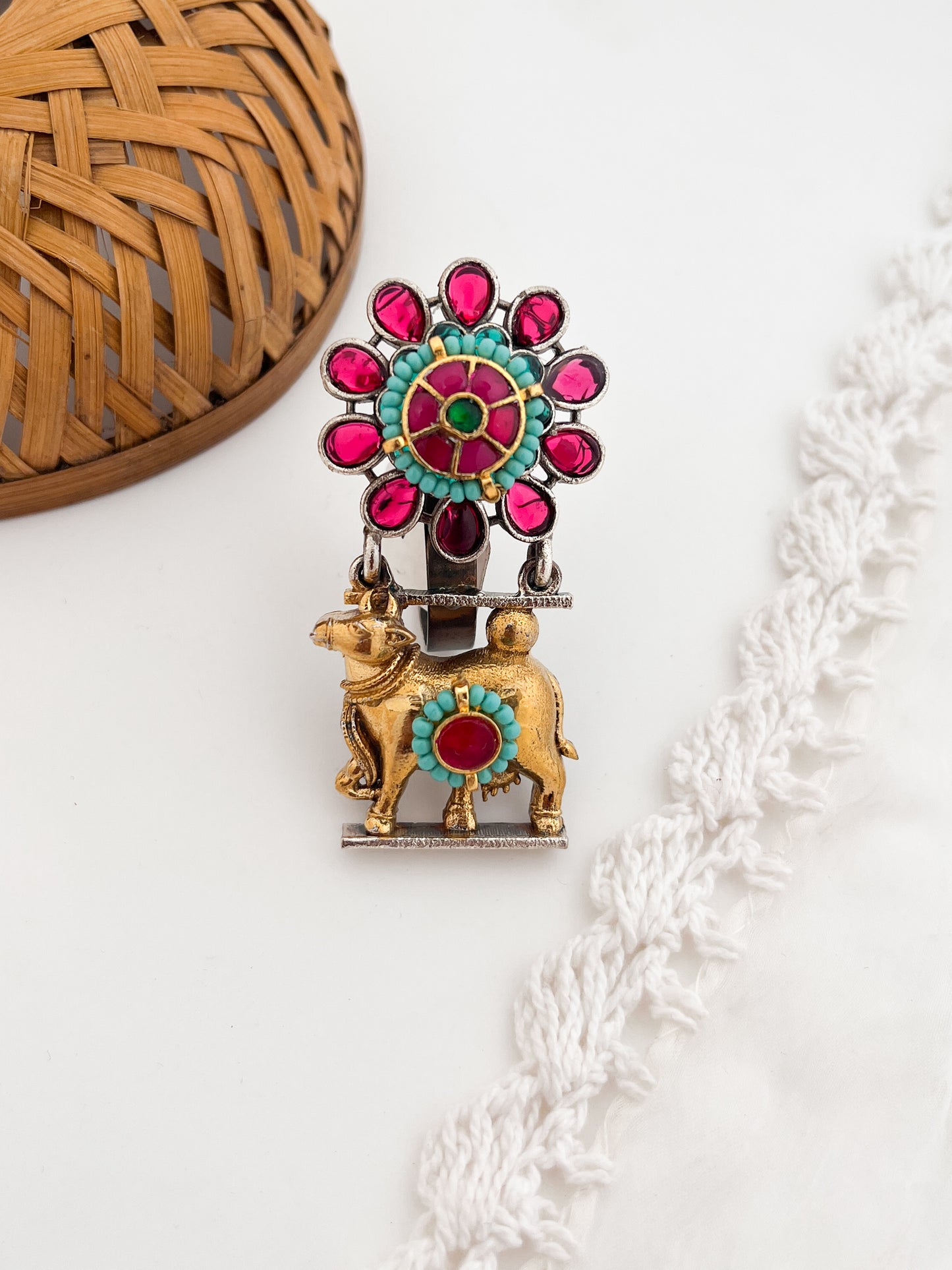Krishna Pichwai - German Silver Dual Tone Ring Pink