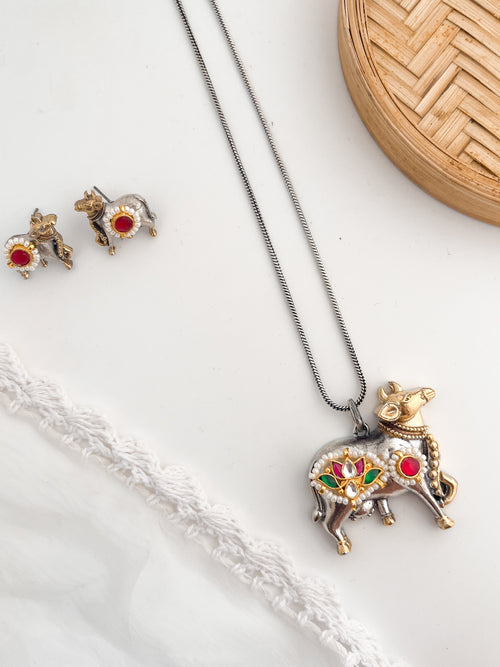 KRISHNI- Beautiful Dual Tone German Silver Pendant With Kundan Work