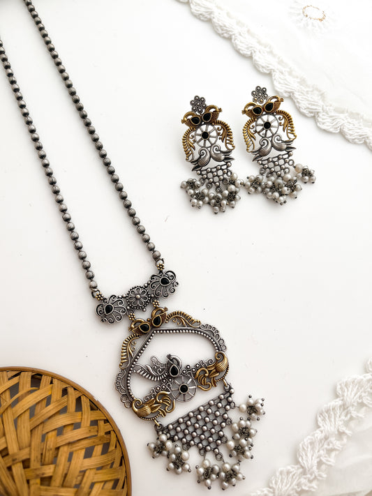 Kunti - Silver Oxidized Long Neckpiece