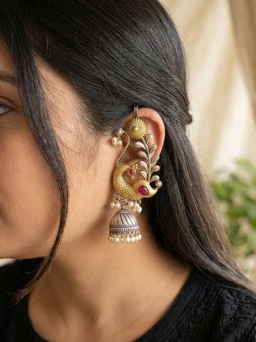MORNI- German Silver Dual Tone Full Coverage Peacock Earcuff Jumka