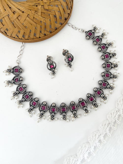 MADHURI- Brass Neckpiece With Pink Monalisa Stones