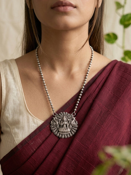 MAHALAXMI - Silver Plated Brass Mahalakshmi Pendent Neckpiece With Earrings