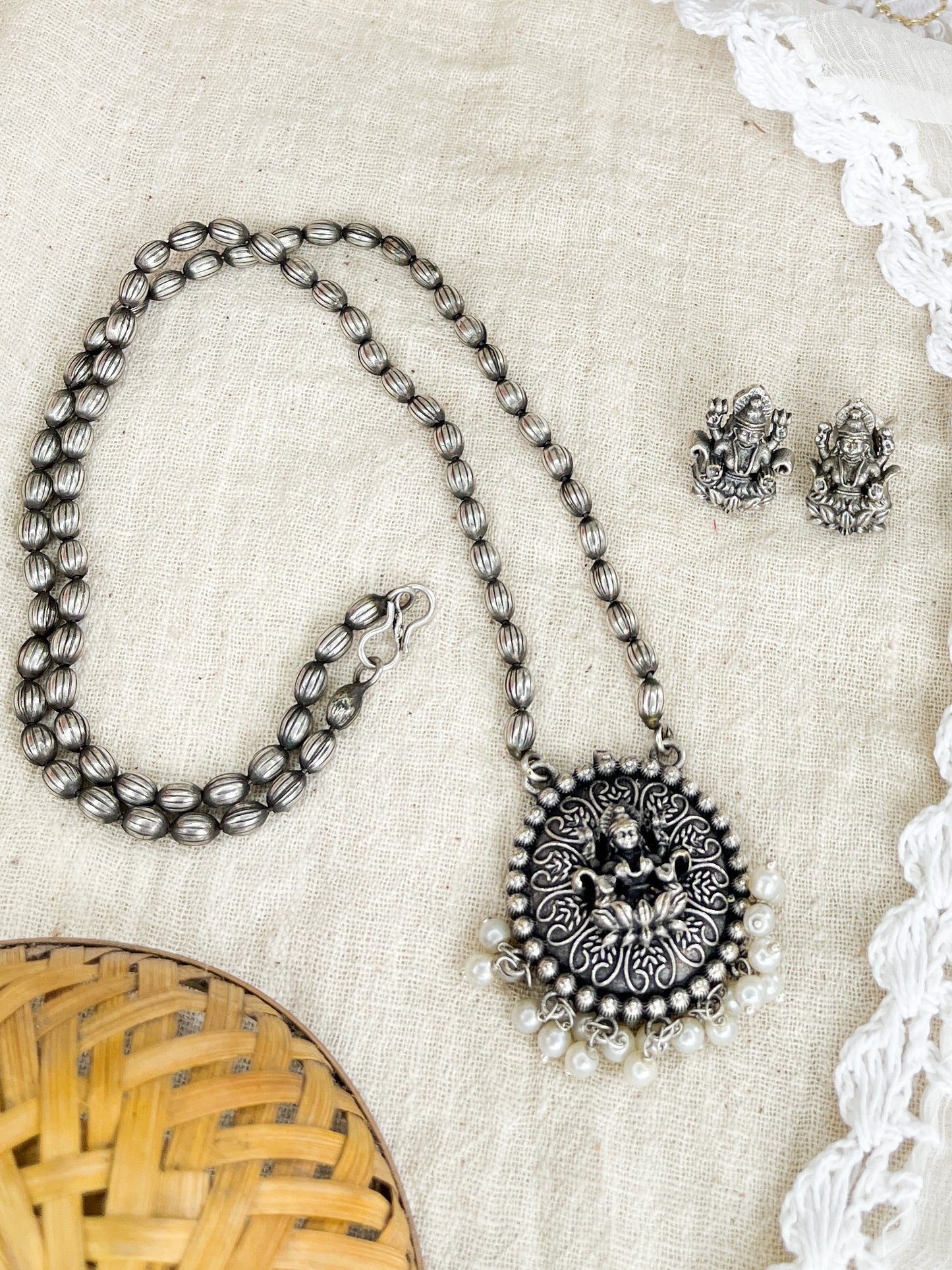Mahalakshmi Silver Oxidized Matarmala Medium Long Neckpiece