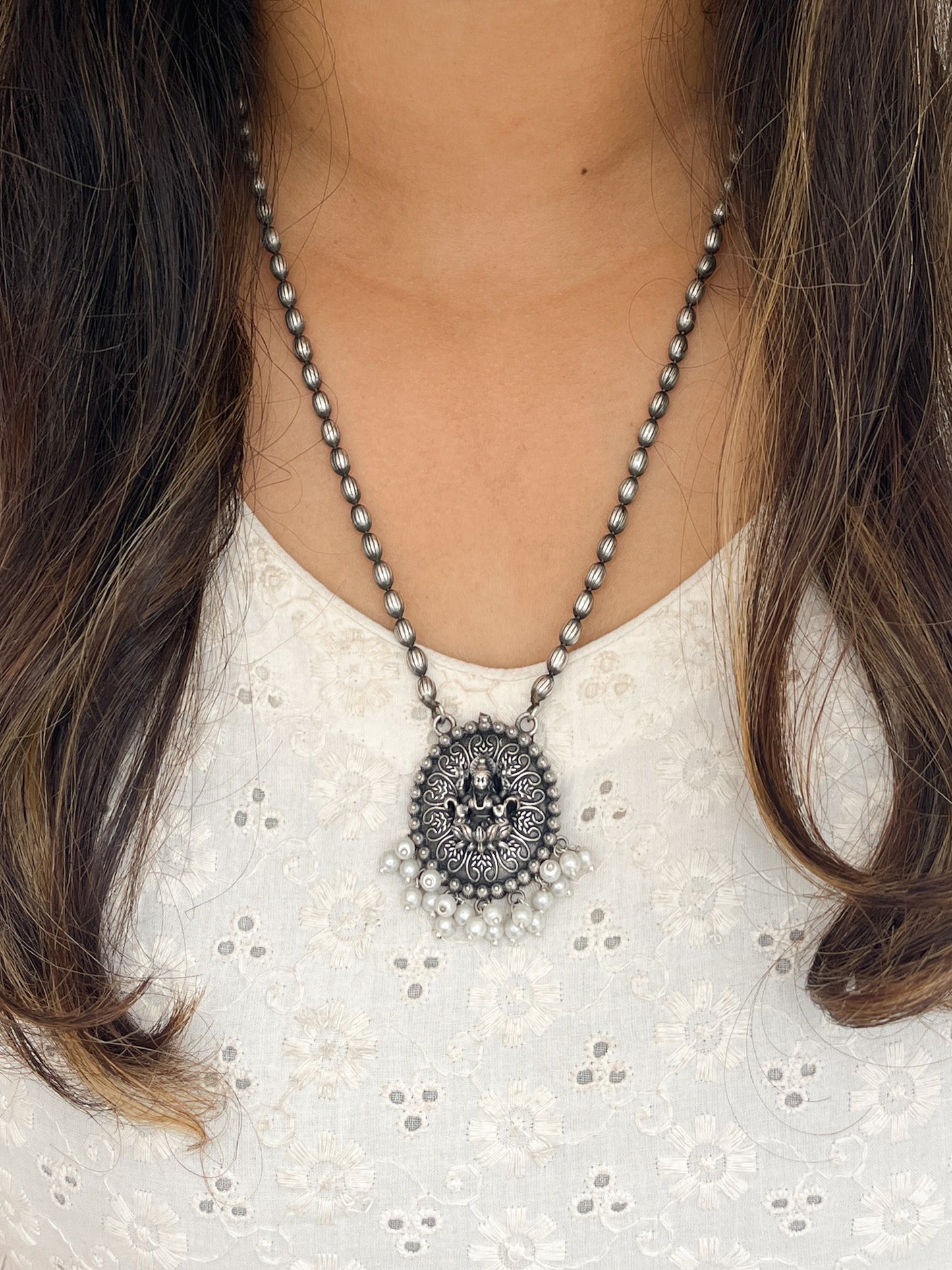 Mahalakshmi Silver Oxidized Matarmala Medium Long Neckpiece