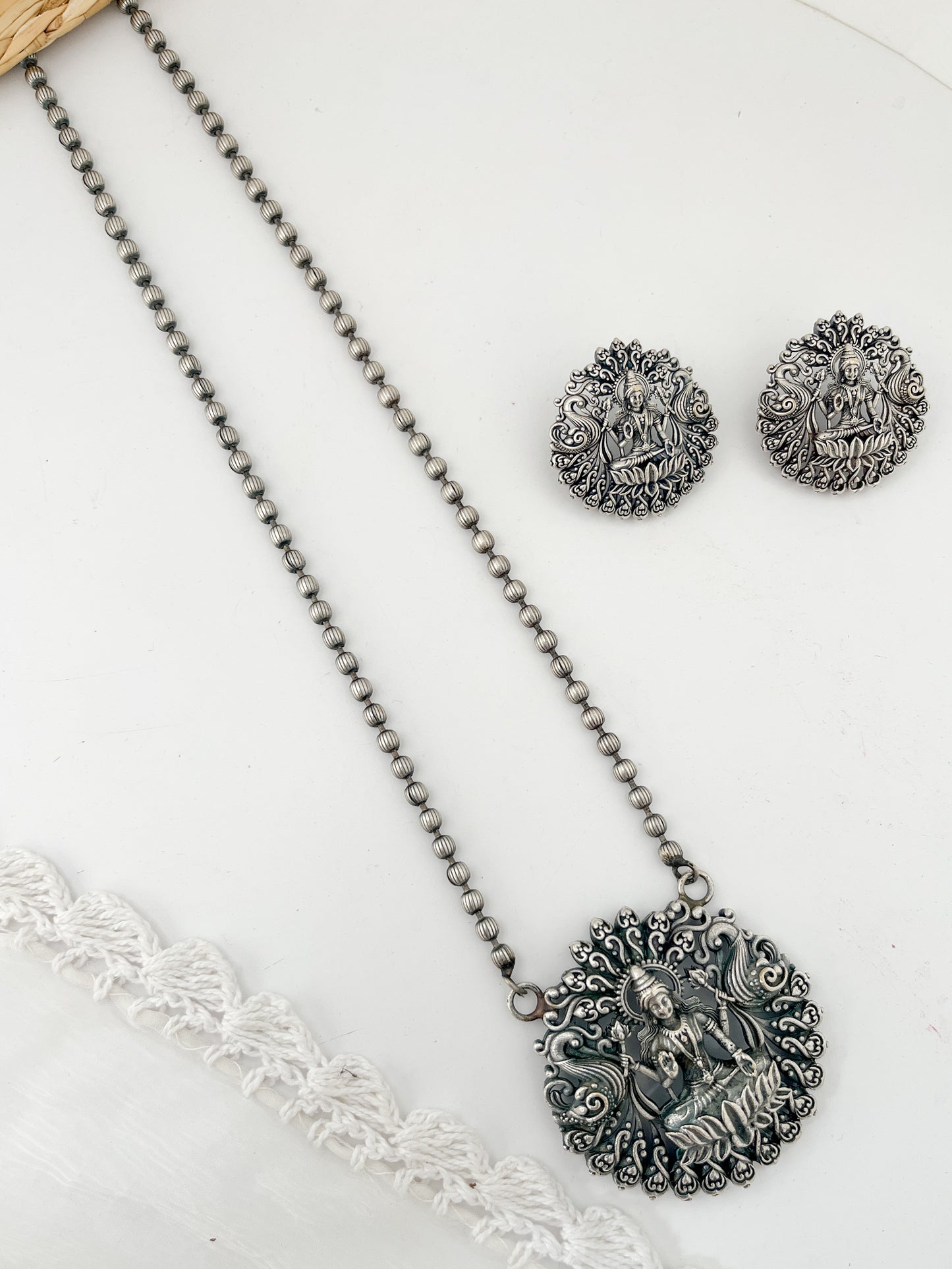 MAHALAXMI - Silver Plated Brass Mahalakshmi Pendent Neckpiece With Earrings