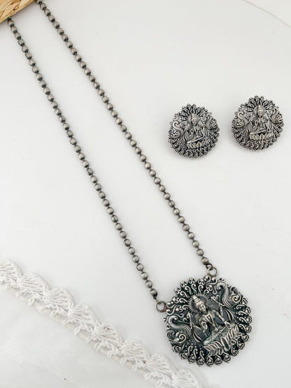 MAHALAXMI - Silver Plated Brass Mahalakshmi Pendent Neckpiece With Earrings