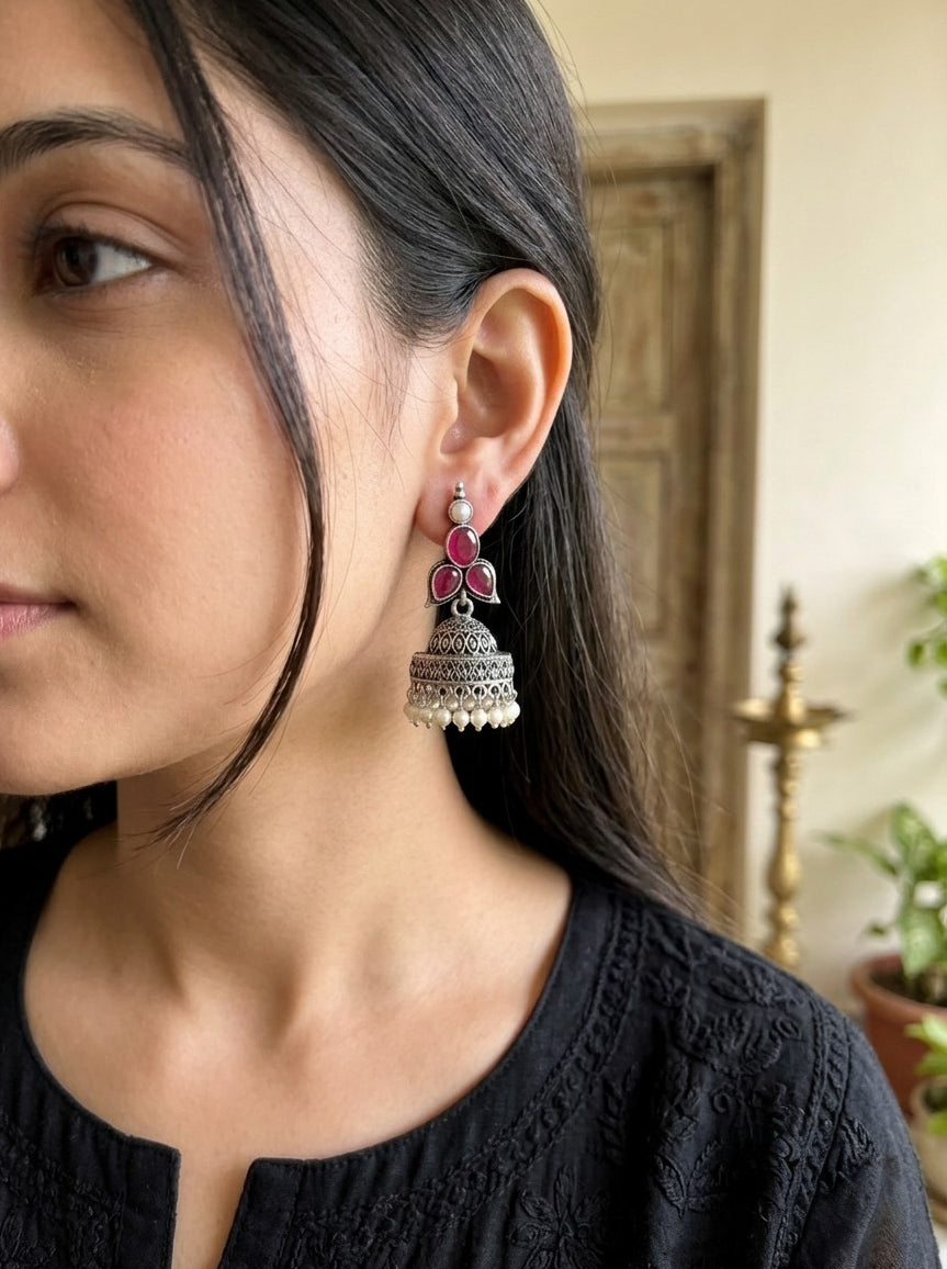 MANALI - Brass Jhumka With Monalisa Stones Ruby