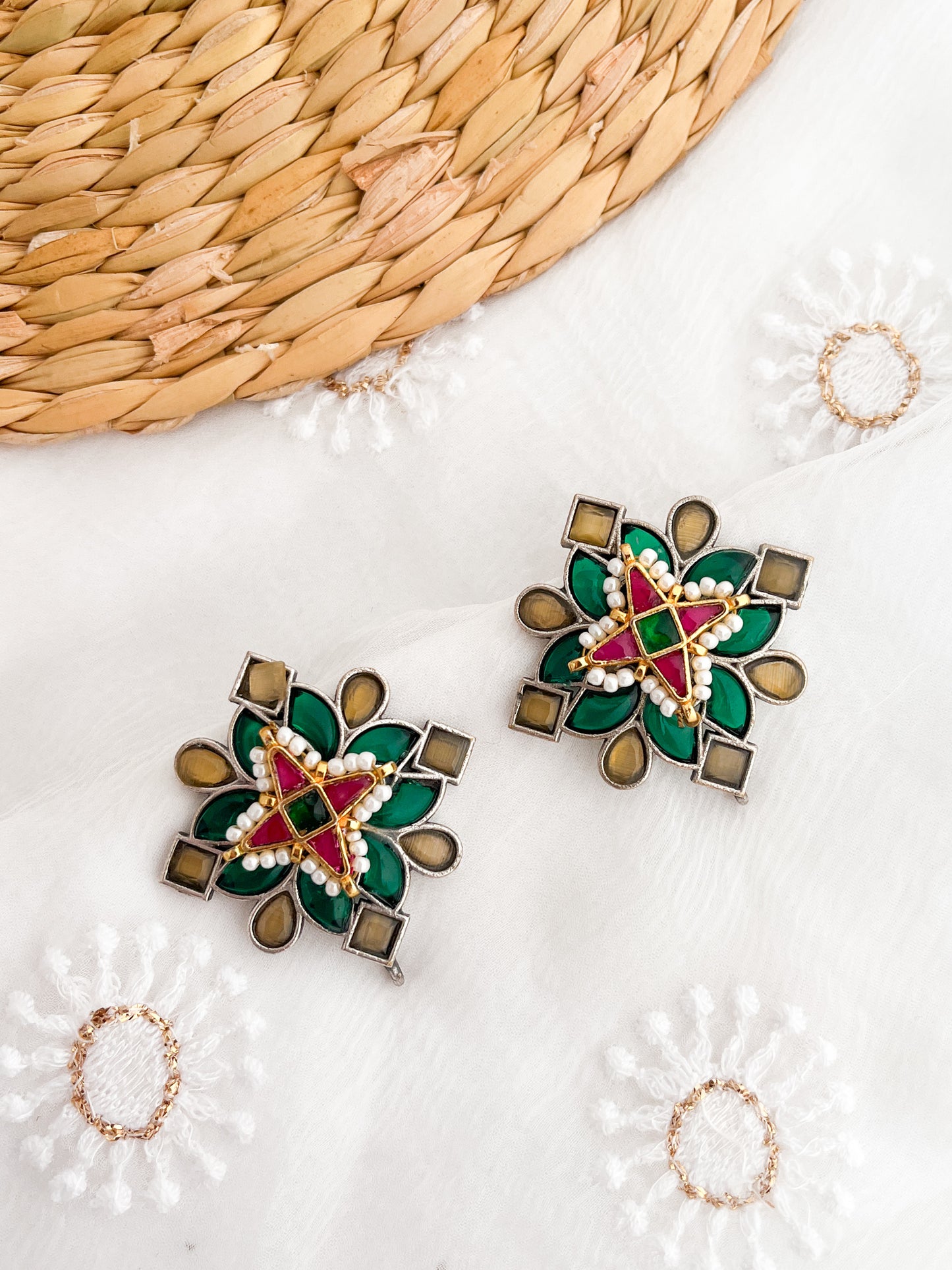 MANASI - German Silver Stone Studs With Kundan Work Green