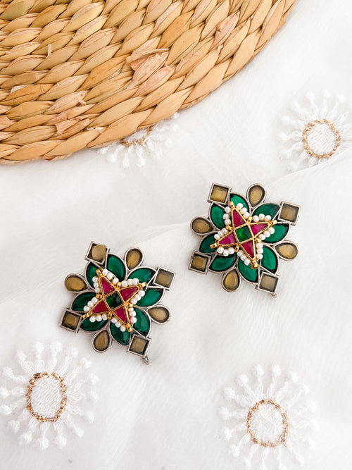 MANASI - German Silver Stone Studs With Kundan Work Green