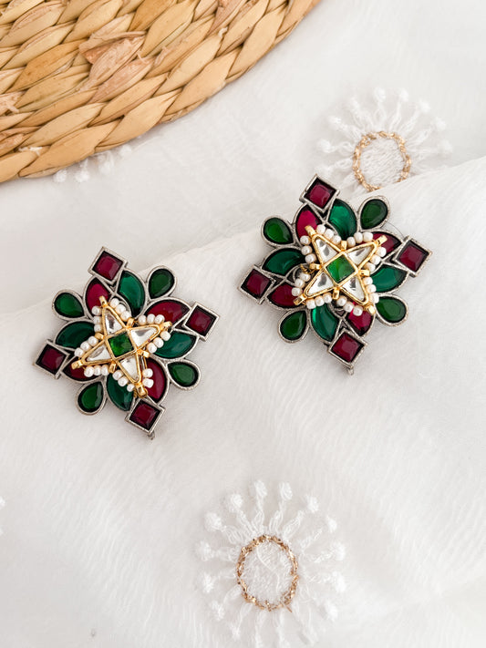 MANASI- German Silver Stone Studs With Kundan Work Green Pink