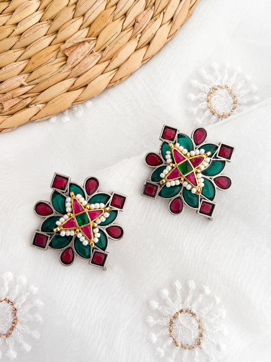 MANASI - German Silver Stone Studs With Kundan Work Green Red Pink Stone