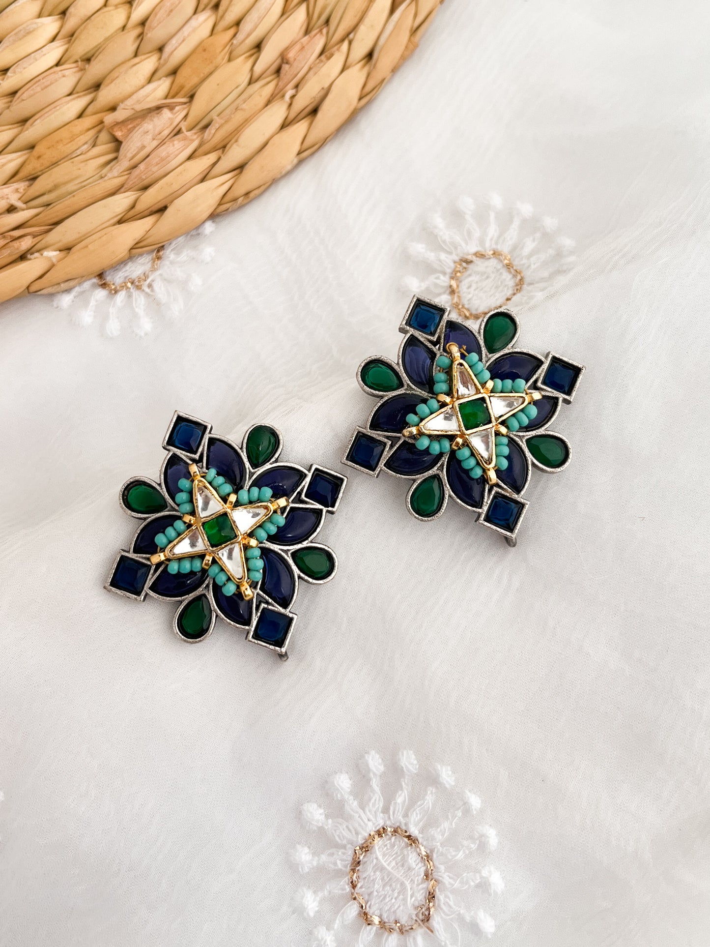 MANASI- German Silver Stone Studs With Kundan Work Royal Blue