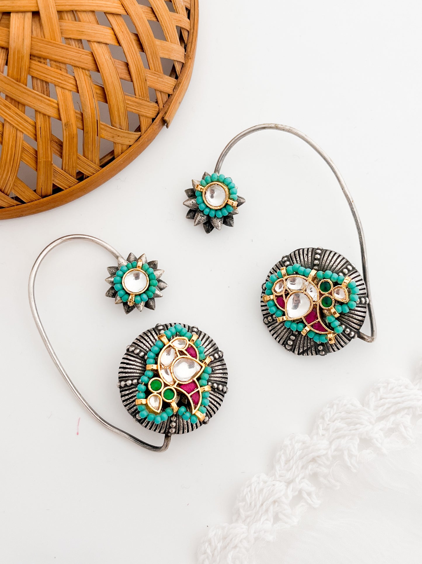 MANIKARNIKA - German Silver Bugdi Earcuff With Kundan Work Blue