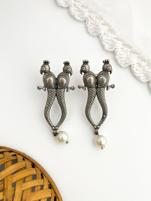 Maya - German Silver Double Parrot Studs