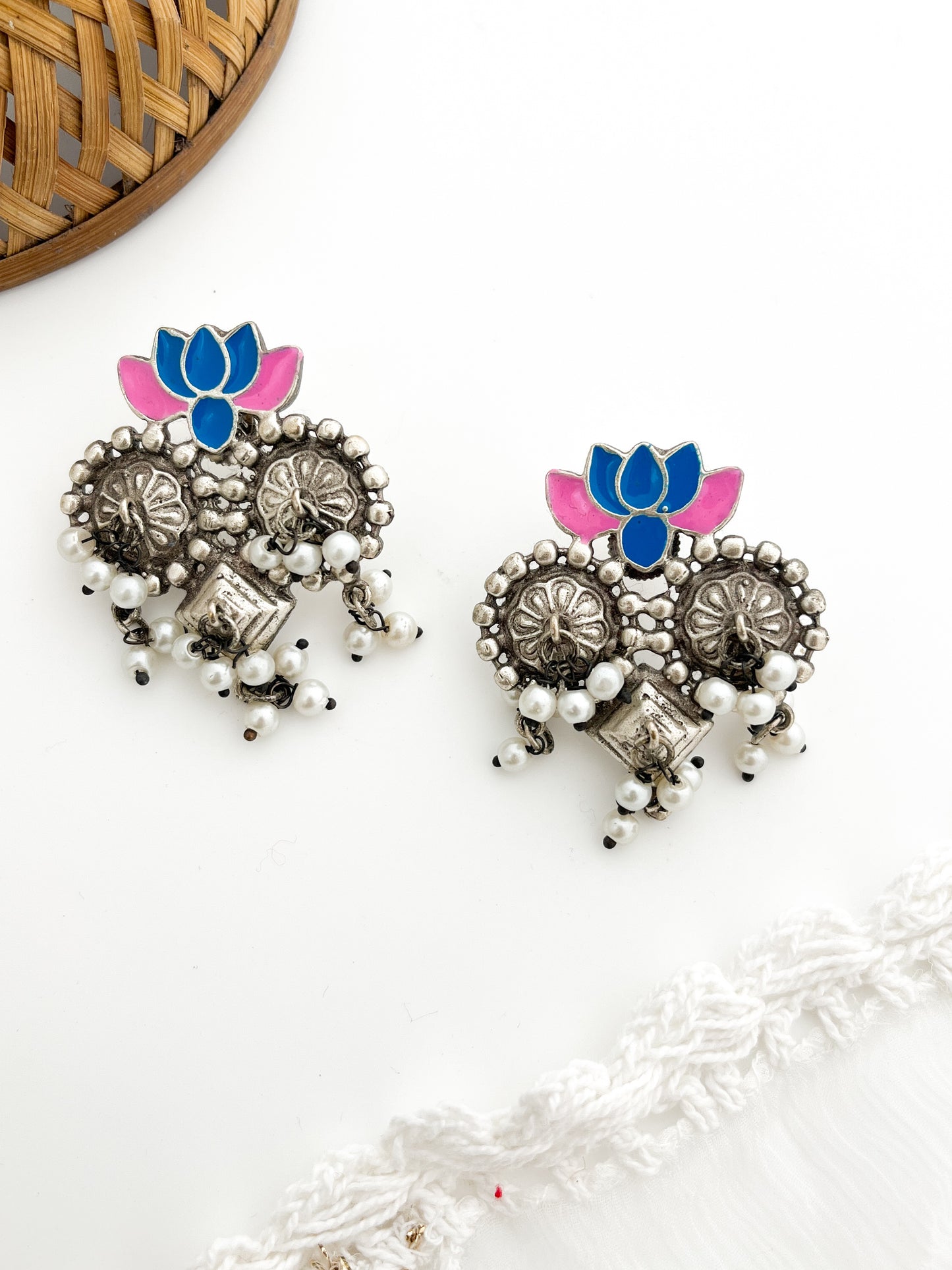 Meenakshi - Blue And Pink Enamel Lotus Silver Tone Boho Earrings