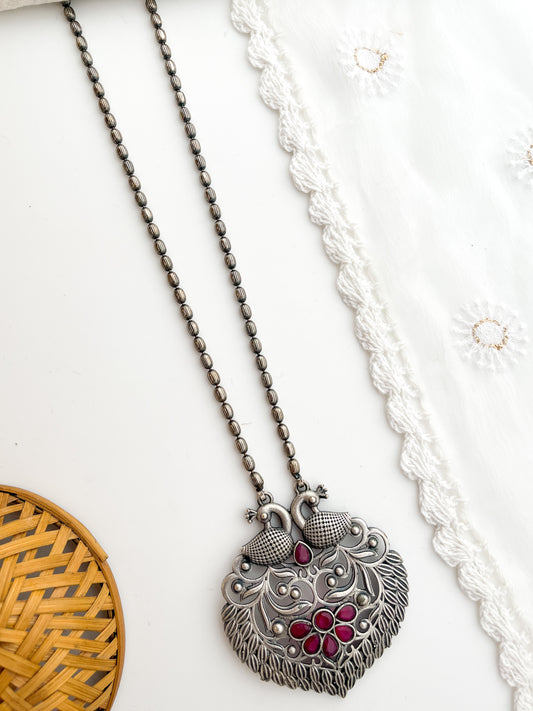 Meera - Silver Oxidized Long Neckpiece Magenta