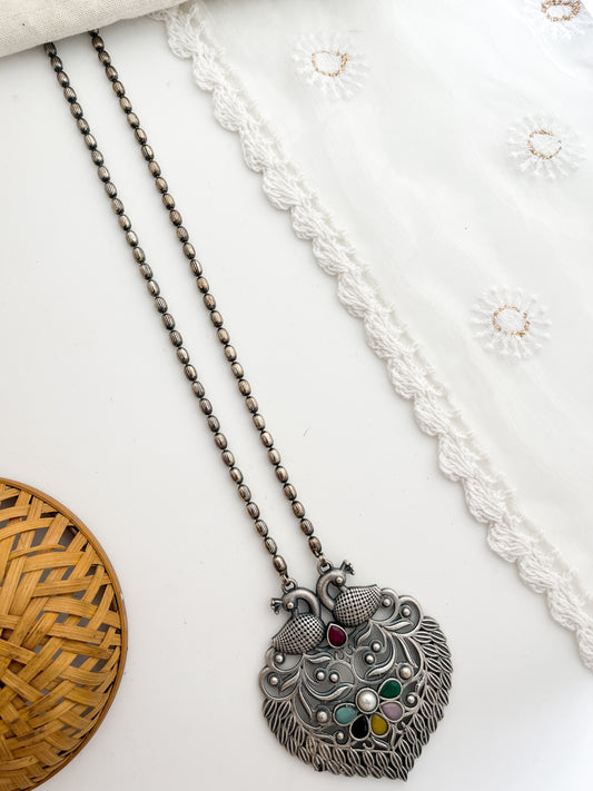 Meera - Silver Oxidized Long Neckpiece Multistone