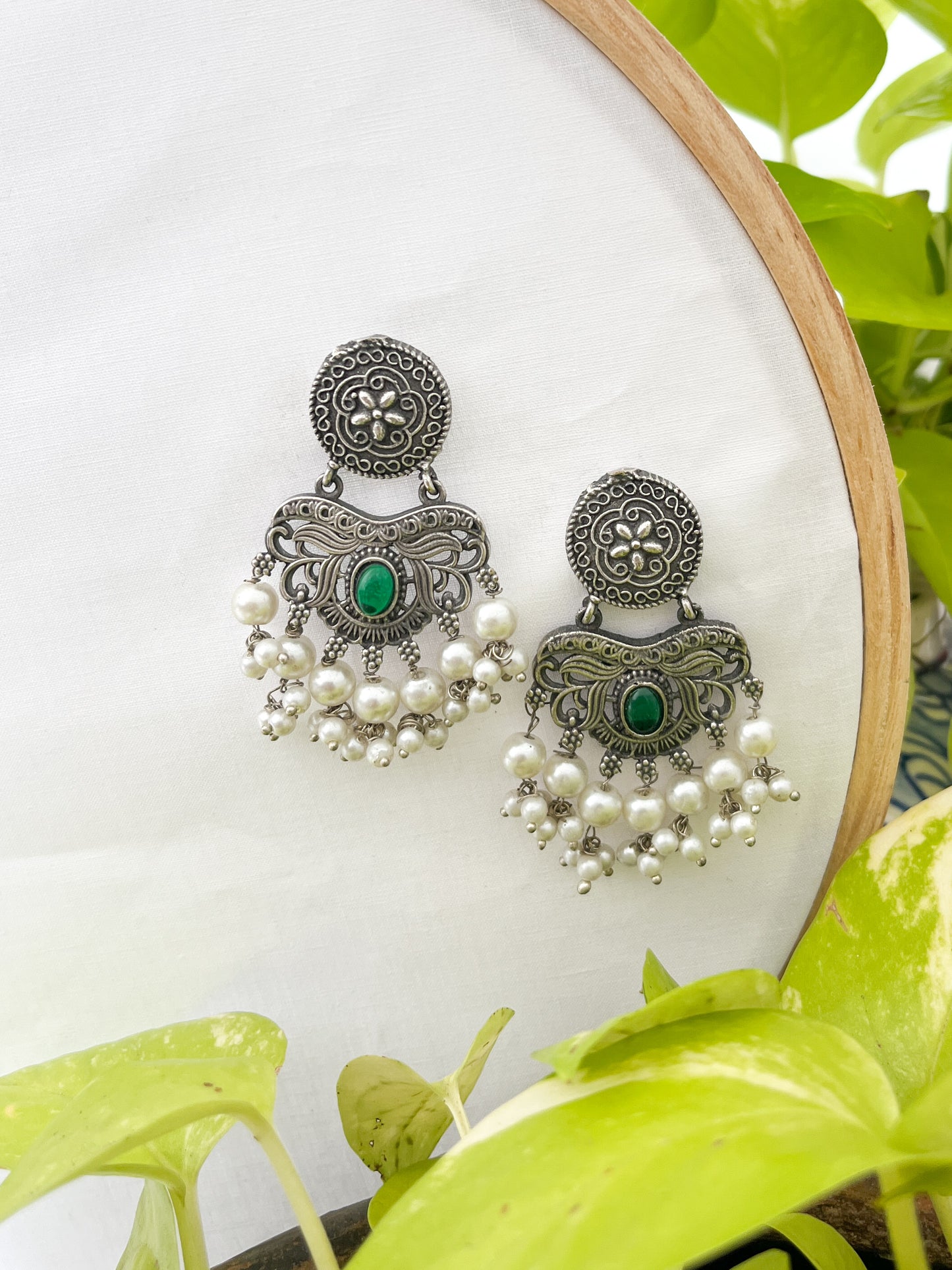 Megha - German Silver Green Stone  Moti Dangers