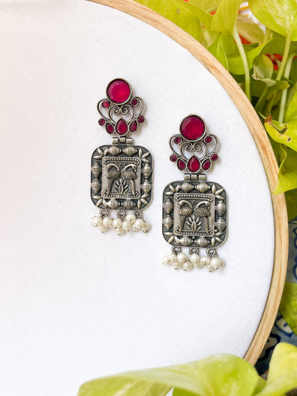 Meher - Siler Oxidised Pink Stone Dangler Earrings