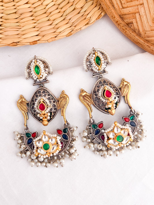 MEHERUNISA- German Silver Dual Tone Danglers With Paachi Kundan Work Pink Green