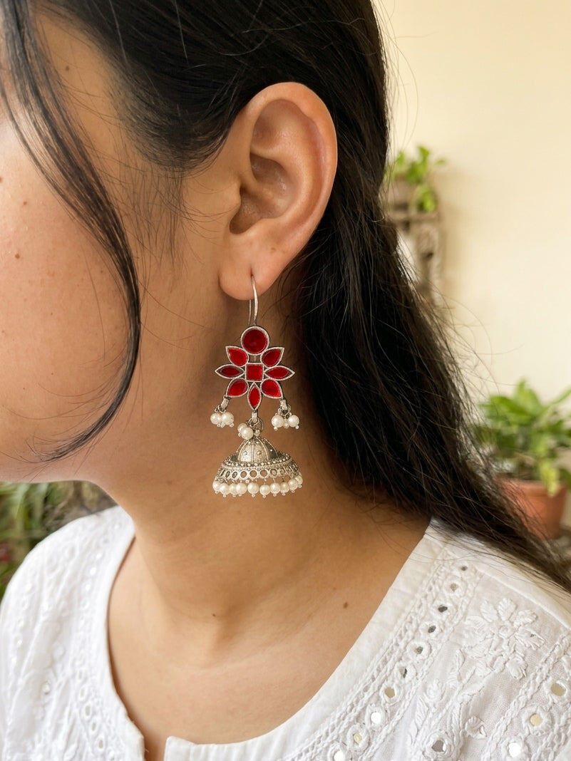 MEKHALA - German Silver Glass Jhumkas Red