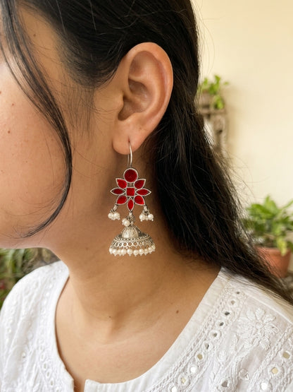 MEKHALA - German Silver Glass Jhumkas Red