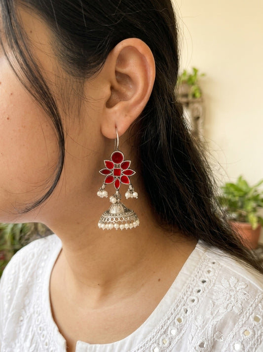 MEKHALA - German Silver Glass Jhumkas Red
