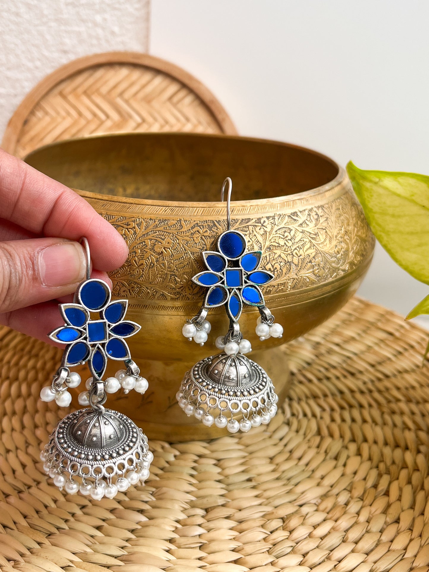 MEKHALA - German Silver Glass Jhumkas Blue