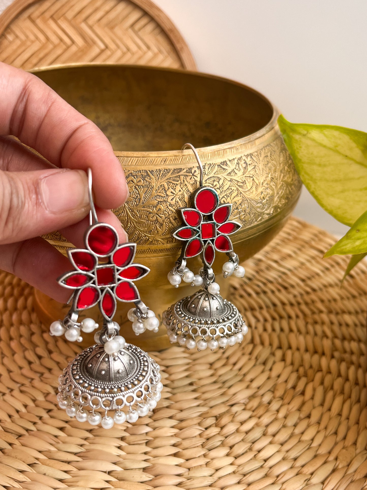 MEKHALA - German Silver Glass Jhumkas Red