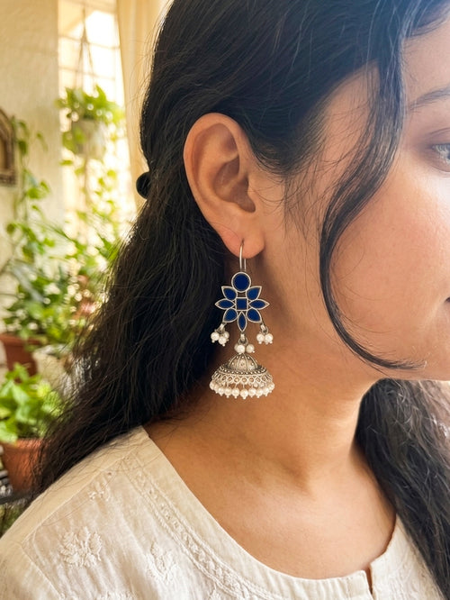 MEKHALA - German Silver Glass Jhumkas Blue