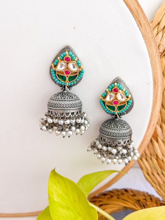 MENAKA- German Silver Jhumka With Paachi Kundan Work Blue