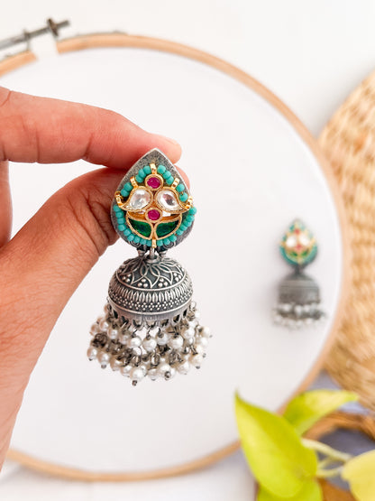 Menaka - German Silver Jhumka With Panchi Kundan Work Light Blue