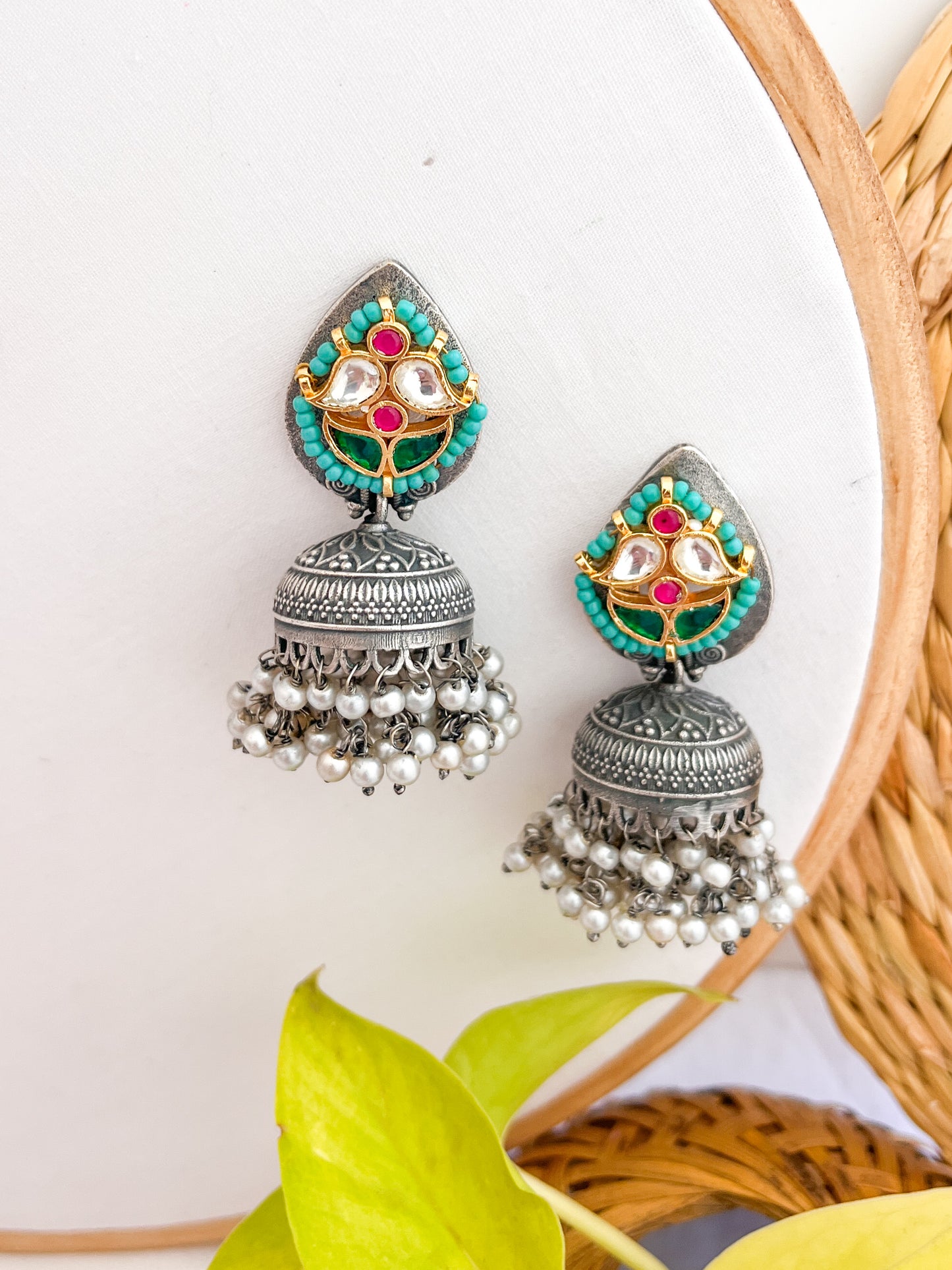 Menaka - German Silver Jhumka With Panchi Kundan Work Light Blue