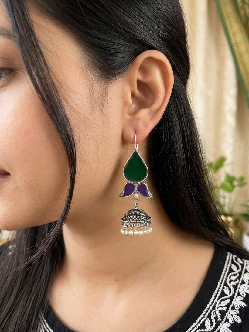 MIRI- German Silver Green Purple Glass Work Jhumkas