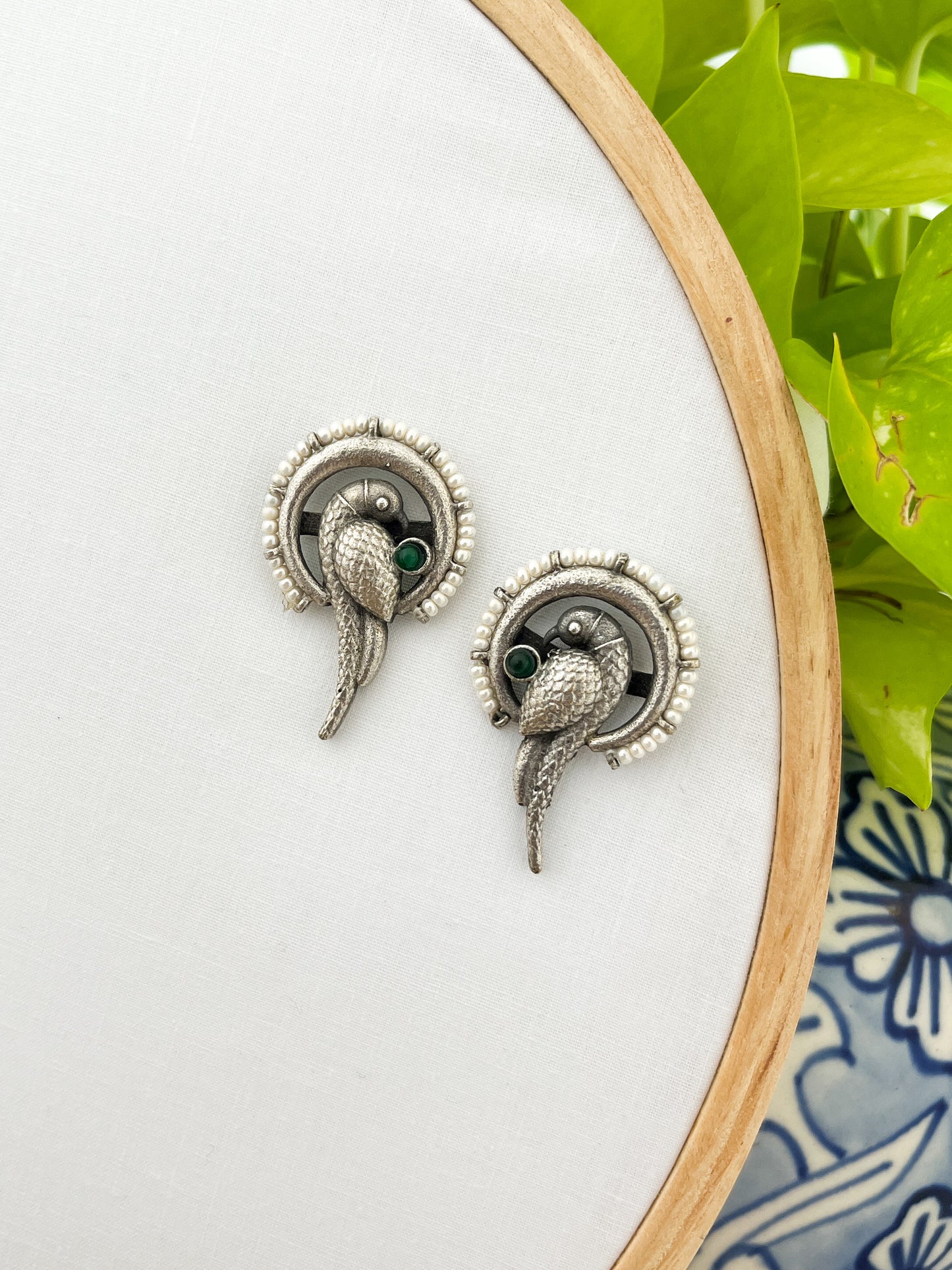 Moh - German Silver Parrot Studs Green