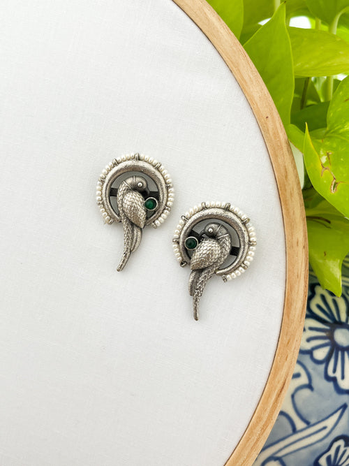 Moh - German Silver Parrot Studs Green