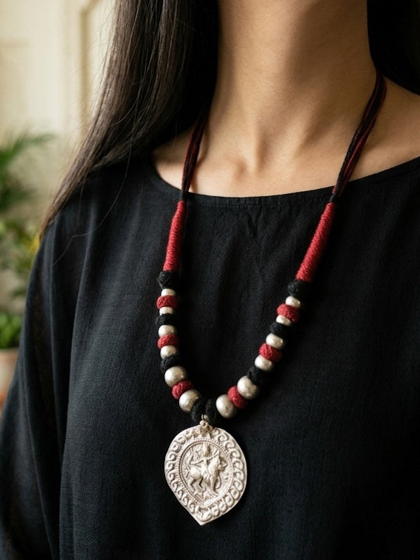 Mohini - Brass Paan Pendant Maroon Patwa Dhaga Neckpiece