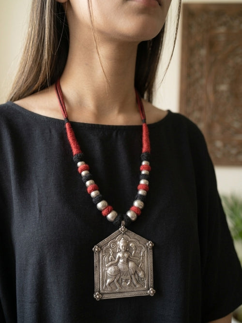 MOHINI - Brass Paan Pendant Rust Orange Patwa Dhaga Neckpiece