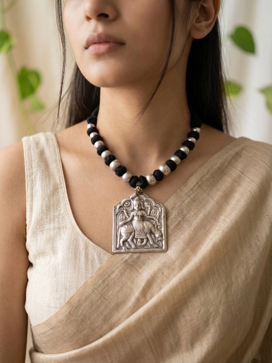 MOHINI - Brass Paan Warrior Pendant Black Patwa Dhaga Neckpiece