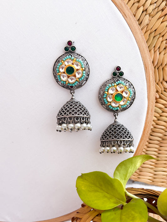 MOHINI - German Silver Jhumka With Paachi Kundan Studs Blue
