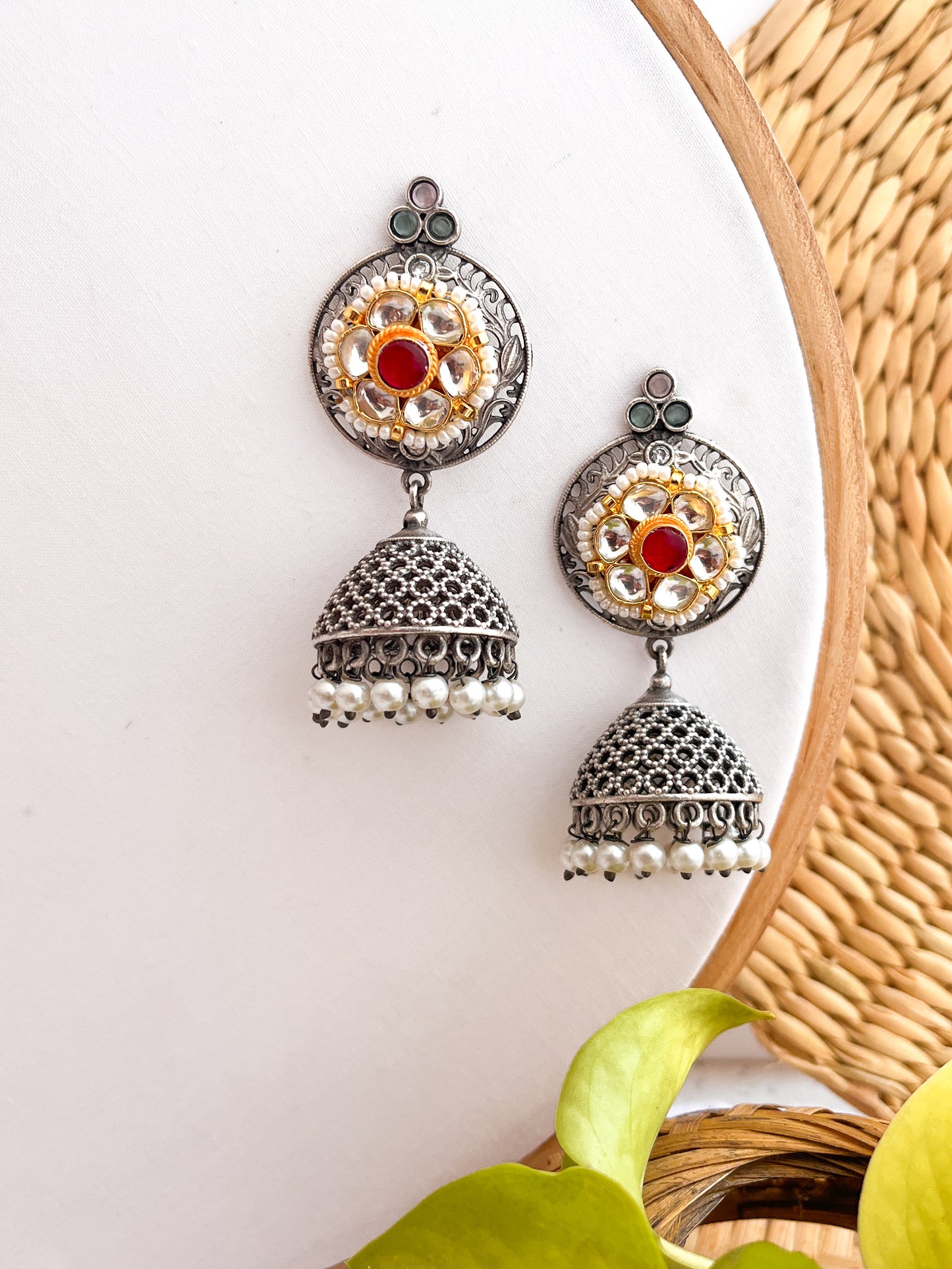 MOHINI- German Silver Jhumka With Paachi Kundan Studs White