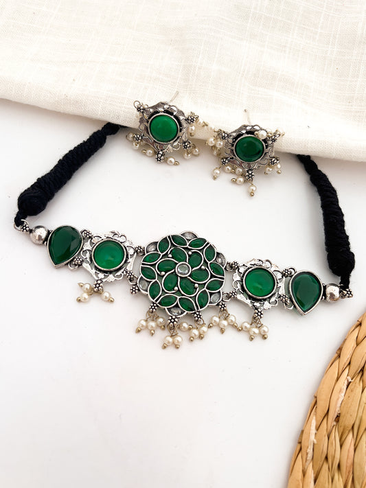 MOHINI - German Silver Stone Choker With Earrings Green